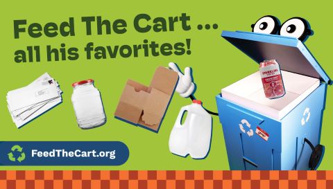A cartoon recycling cart with big eyes and arms eats household recyclables including junk mail, glass jars, cardboard