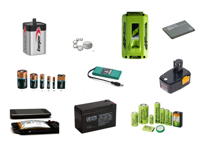 A composite image of batteries, including alkaline, small rechargeables, rechargeable batteries, coin cells